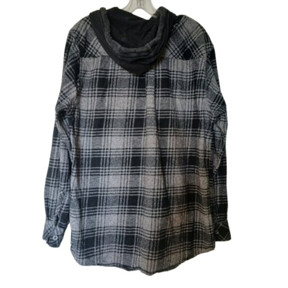Kolby Men's Black and Gray Plaid Casual Flannel Hooded Button Down Shirt Size L - Picture 4 of 8